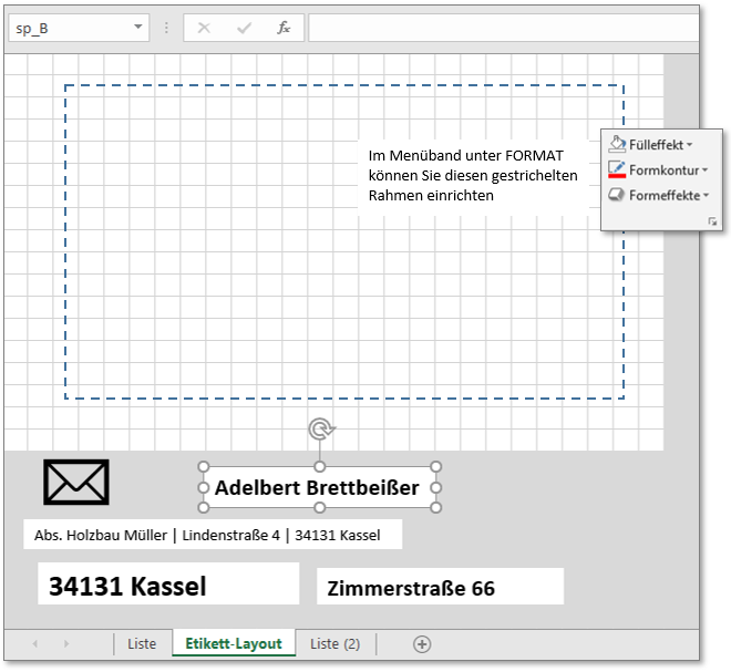 Textfelder in den Etikettenbereich ziehen und dort anordnen