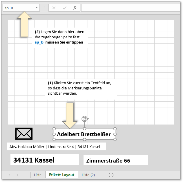dem Textfeld einen Namen geben, mit Spalte verknüpfen