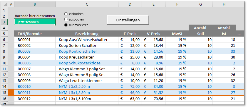 Inventur Artikel werden farbig hervorgehoben