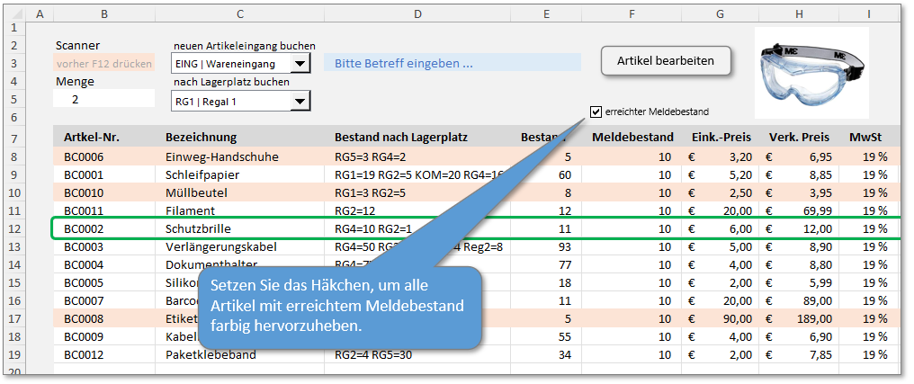 Bestandsliste mit Artikelbildern und Scannereingabe