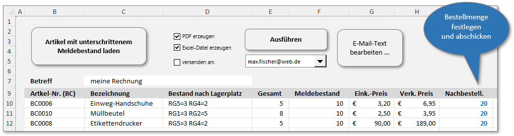 Abbildung der Tabelle mit allen nachzubestellenden Artikeln