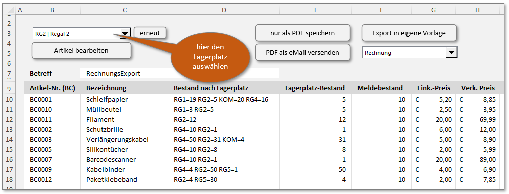 Tabelle mit dem Inhalt eines Lagerplatzes